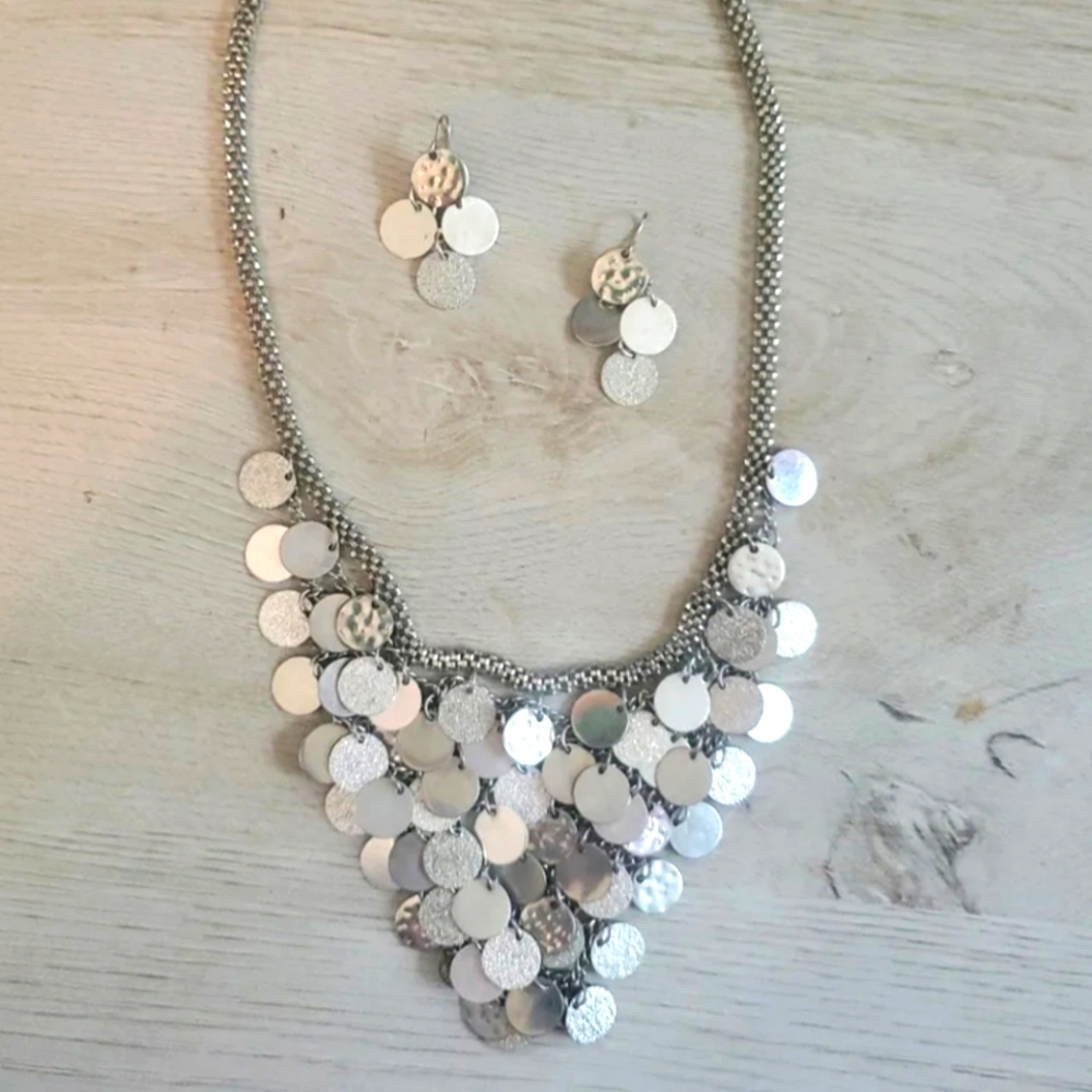 Silver Chainmail Coin Necklace & Earrings Set Jewelry Set